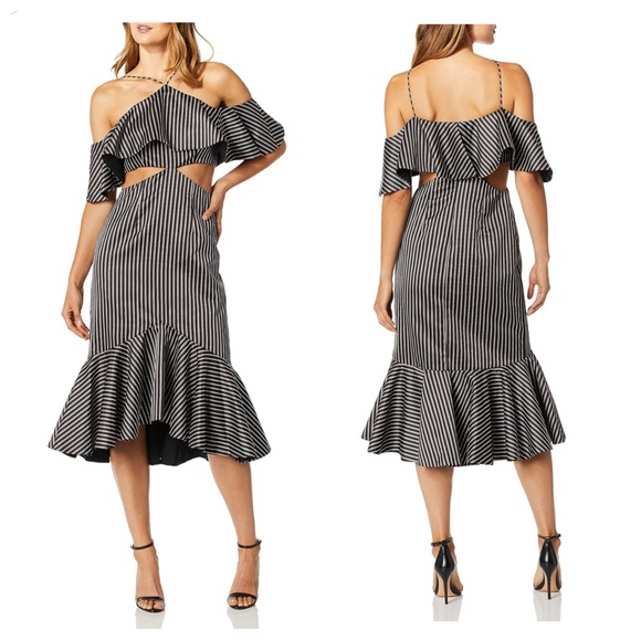 AMUR Dresses & Skirts - AMUR Agnes Stripe Cold Shoulder Cutout Flounce Midi Dress size 2 NEW